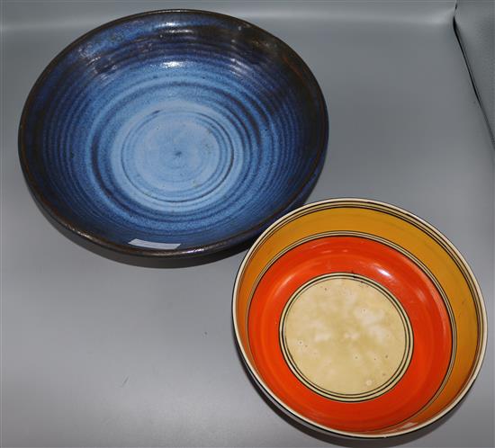 An unmarked Clarice Cliff bowl and a Studio pottery bowl